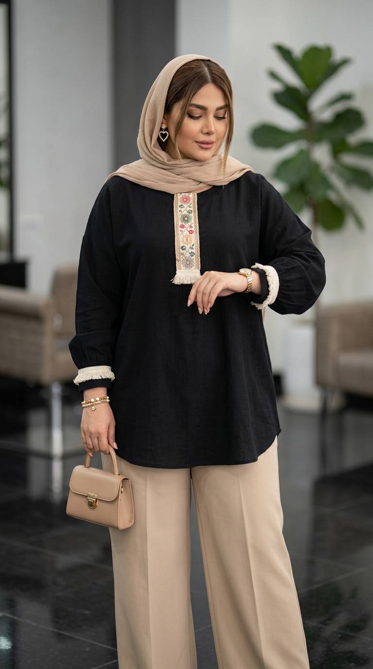 شومیز مشکی دبل فیس خرجکار نوار کنفی مدل خاطره