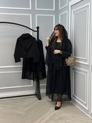 ست سه تیکه شیک کت دامن و شال کرپمازراتی و گیپور روژین
