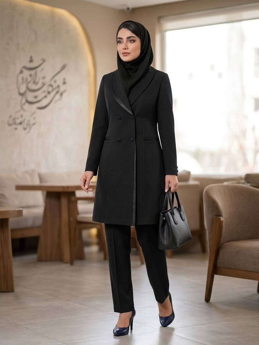 مانتو شلوار اداری سوپر مازراتی یقه دوبل ساتن مدل شیما