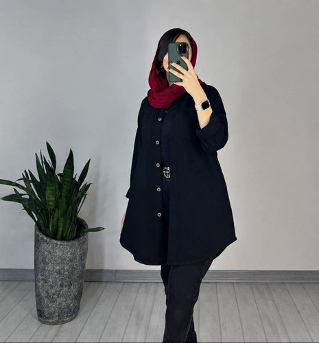 شومیز مانتویی مشکی الیاف مدل فرشته محرمی
