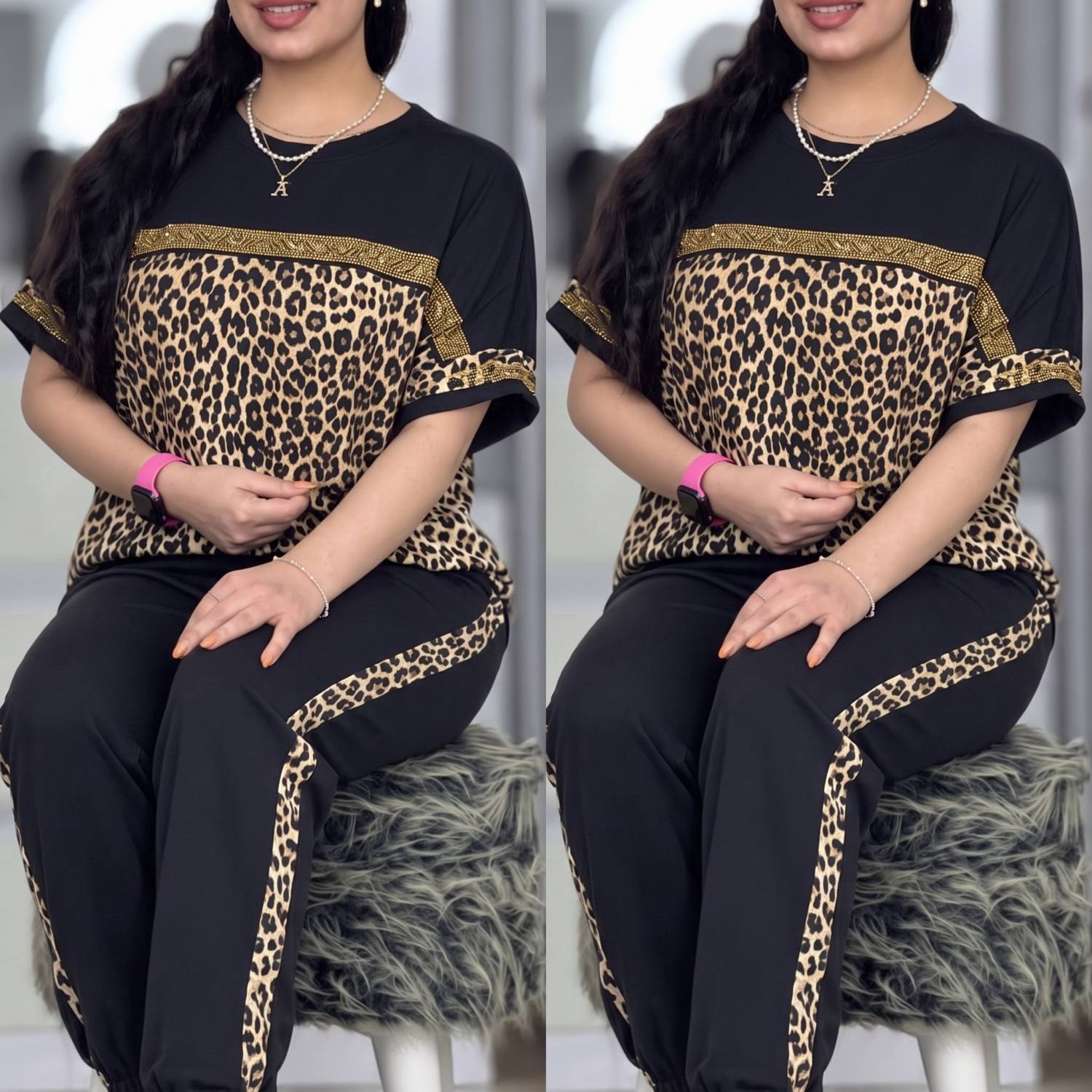 ست تیشرت شلوار  ویسکوز الیزه کشی مدل ساتین