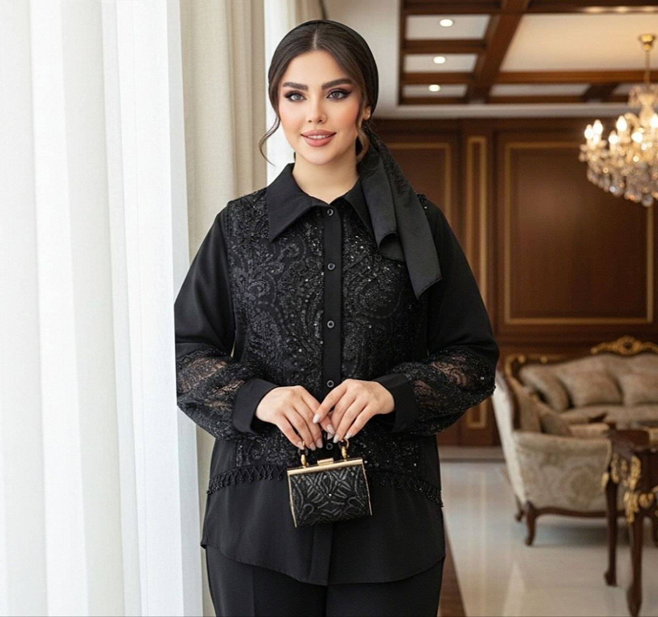شومیز الیزه با پارچه گیپور پولکدوزی نرگس تا سایز60