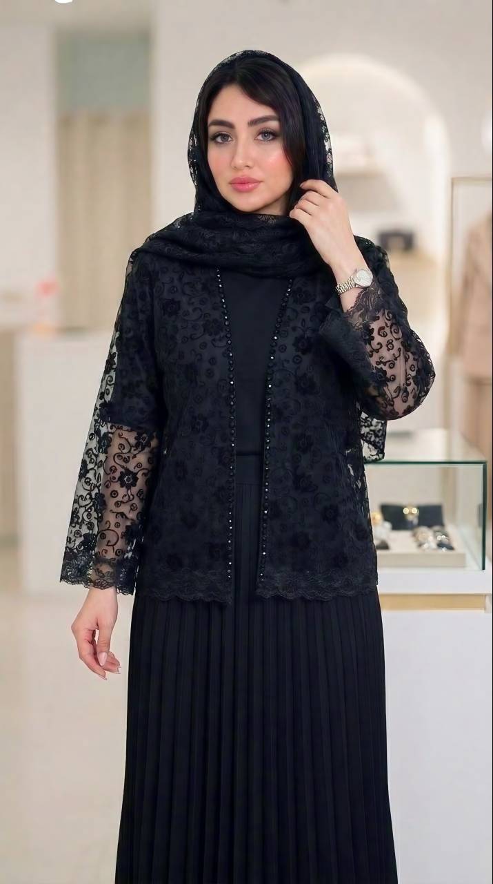 ست کت و دامن مجلسی پلیسه سیلک و تور مخمل کوبی کریستال دوزی شده ساناز