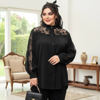 شومیز مجلسی کرپ الیزه به همراه نوار قلاب بافی و تور شیفته سایزبندی ۳۸ تا۶۰