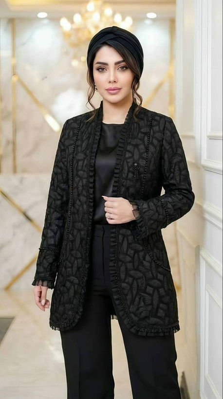 ست کت شلوار ژاکارد طرح دار وارداتی مشکی و جت بلک ترنم