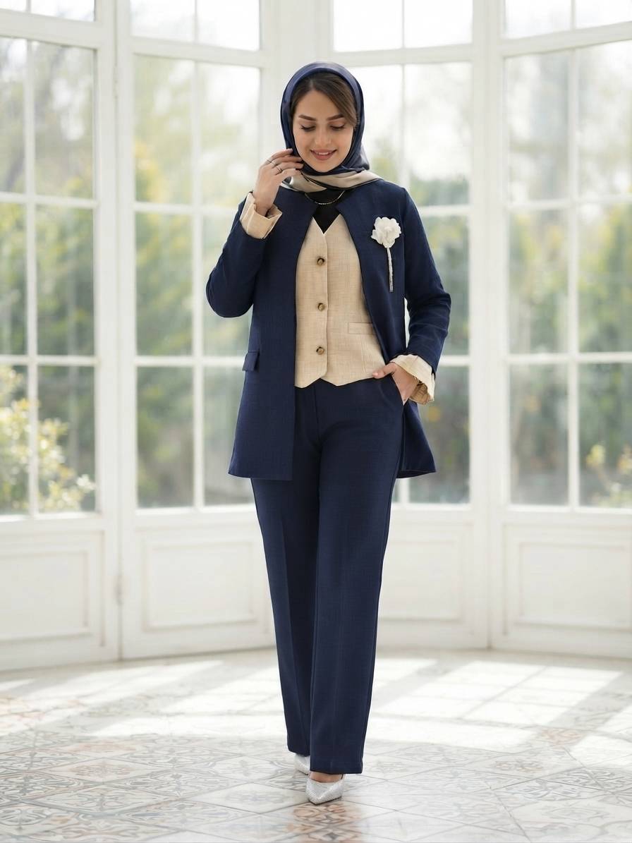 سه تیکه کت شلوار‌و ژیله  زنانه شانتون ژاکارد درجه یک  چهارفصل چنار