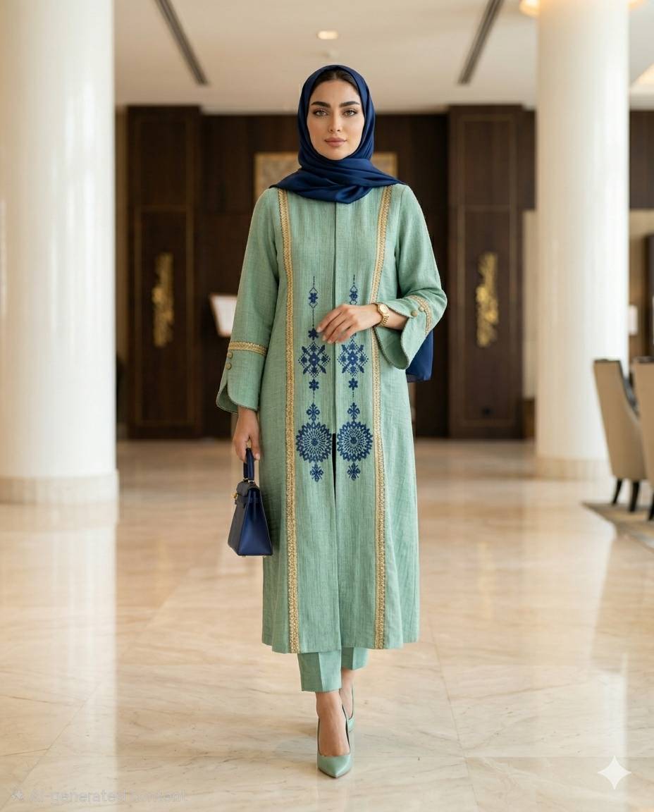 مانتو زنانه بلند شانتون اسلپ گلدوزی درجه یک آوا
