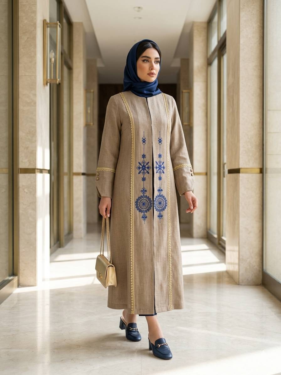 مانتو زنانه بلند شانتون اسلپ گلدوزی درجه یک آوا