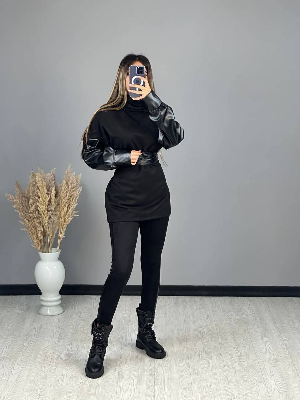 تونیک پاییزه جدید زنانه جنس کرکی و آستین چرم به همراه کمربند