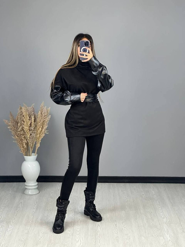 تونیک پاییزه جدید زنانه جنس کرکی و آستین چرم به همراه کمربند
