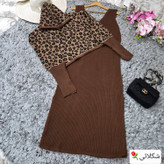 ست پلنگی دوتیکه بافت زنانه کراپ کلاهدار و فینگردارو سارافون