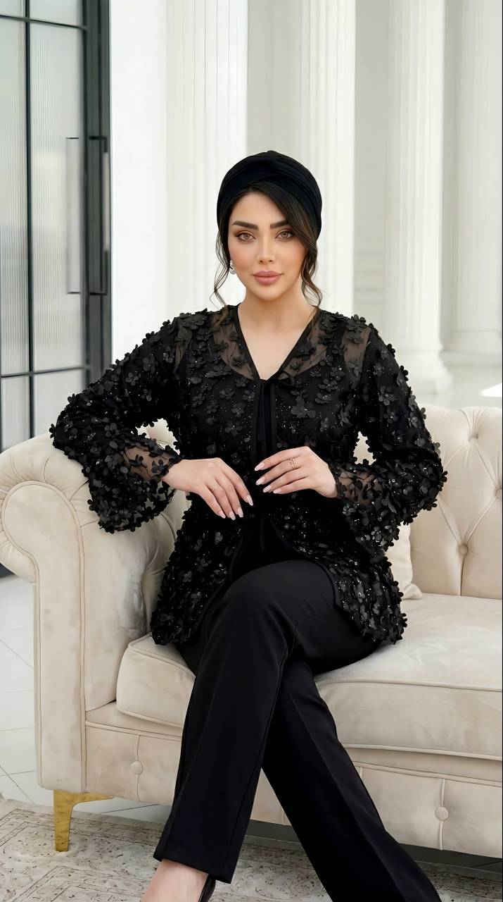 ست زنانه شومیز مانتویی و شلوار تور برجسته شکوفه دار و شلوار مازراتی مدل شکوفه