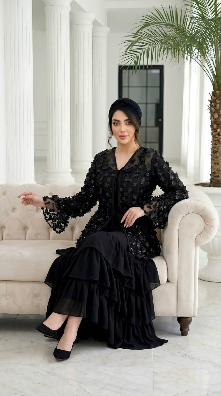 ست زنانه شومیز مانتویی و شلوار تور برجسته شکوفه دار و شلوار مازراتی مدل شکوفه