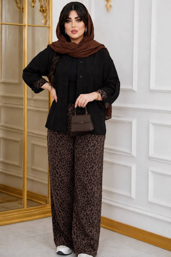 ست مانتو شلوار زنانه پلنگی. شلوار نخ و مانتو شانتون نازی