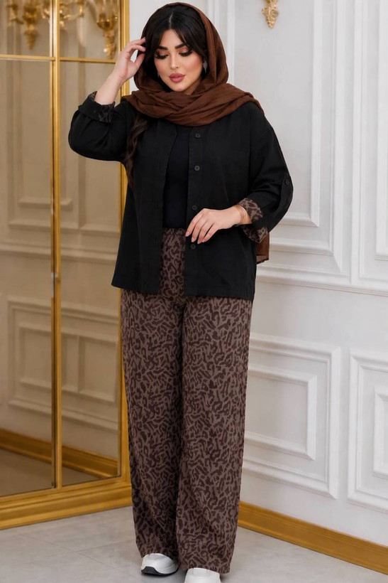 ست مانتو شلوار زنانه پلنگی. شلوار نخ و مانتو شانتون نازی