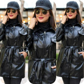 مانتو زنانه چرم تیرکمونی با کیفیت چهارجیب با کمربند