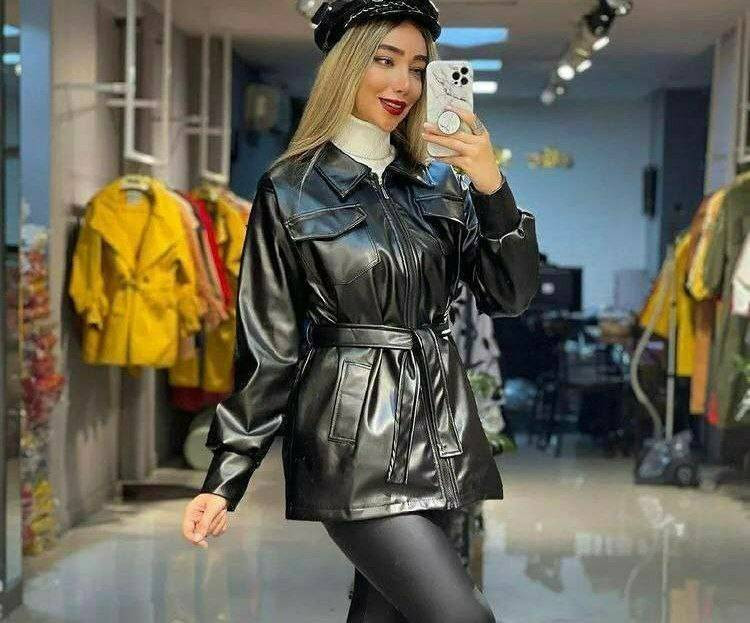 مانتو زنانه چرم تیرکمونی با کیفیت چهارجیب با کمربند