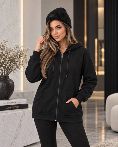 سویشرت زنانه زیپدار ساده جنس دورس تو کرکی کلاهدار