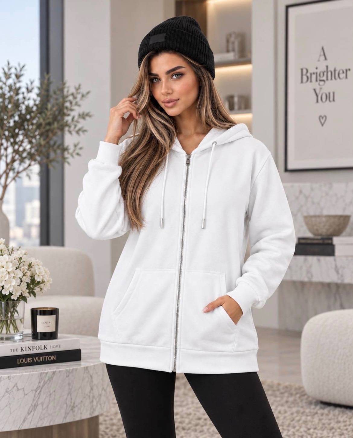 سویشرت زنانه زیپدار ساده جنس دورس تو کرکی کلاهدار