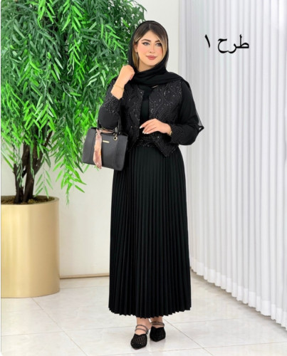 ست  سه تیکه پیراهن  و جلیقه  و کمربند کرپ بوگاتی وجلیقه پولک دوزی ستیلا طرح جدید