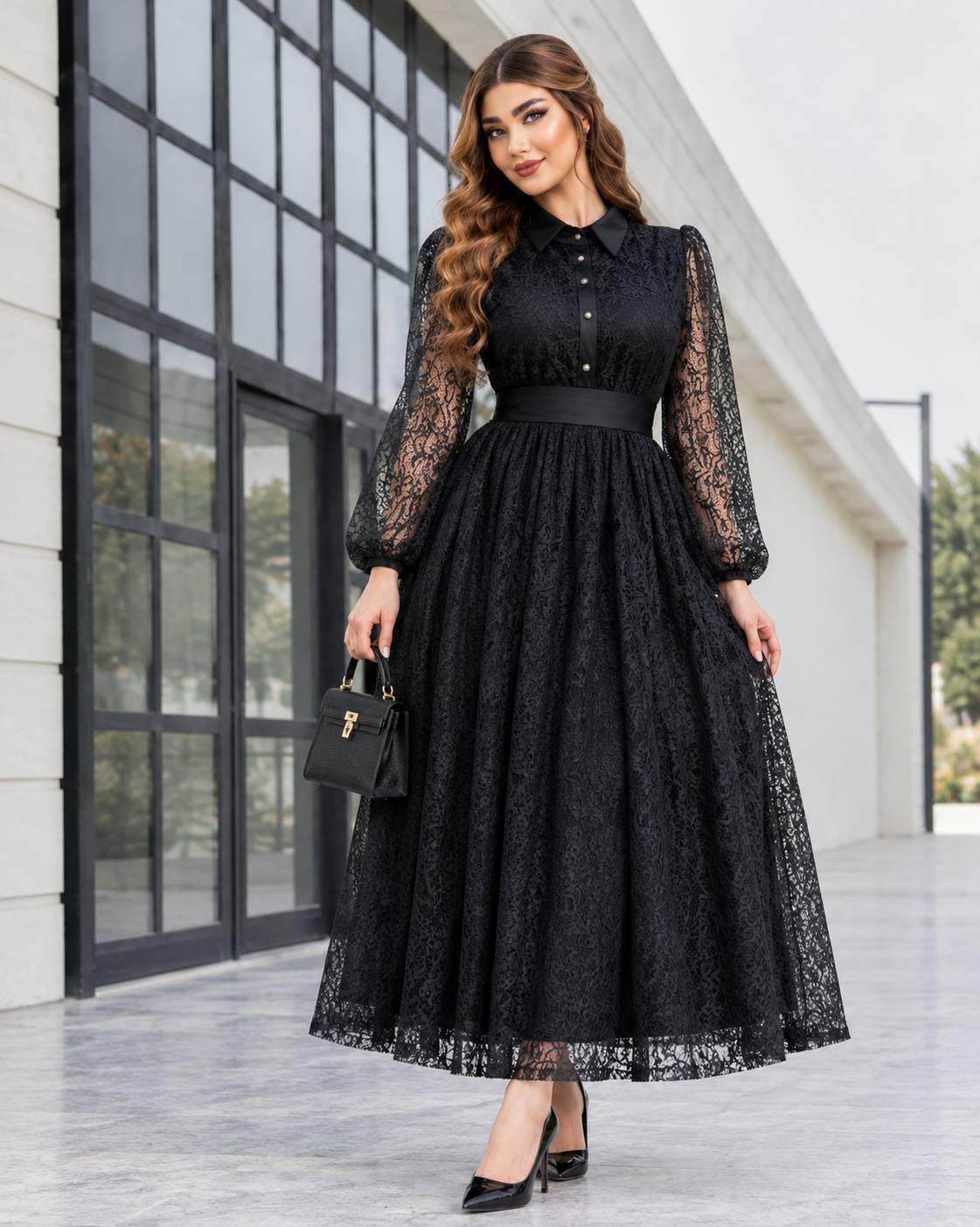 پیراهن مجلسی زیبا گیپور به همراه آستر و‌کمربند  مدل شهرزاد